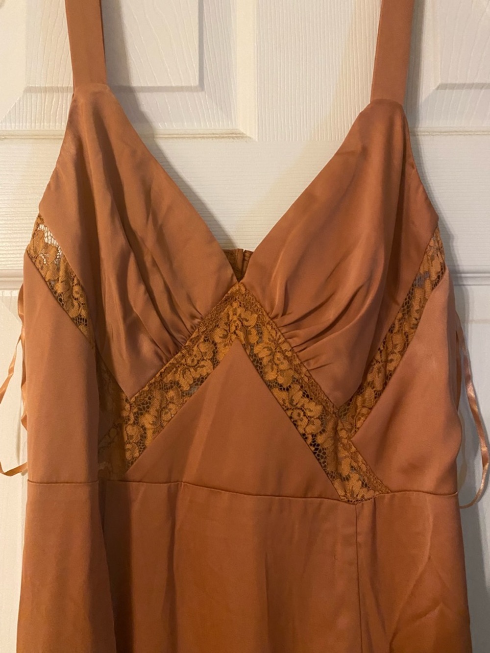 Fashion Nova Copper Satin Lace-Trim Maxi Dress